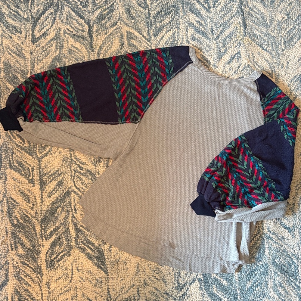Free People Gray Top with Knit Patterned Balloon Sleeves